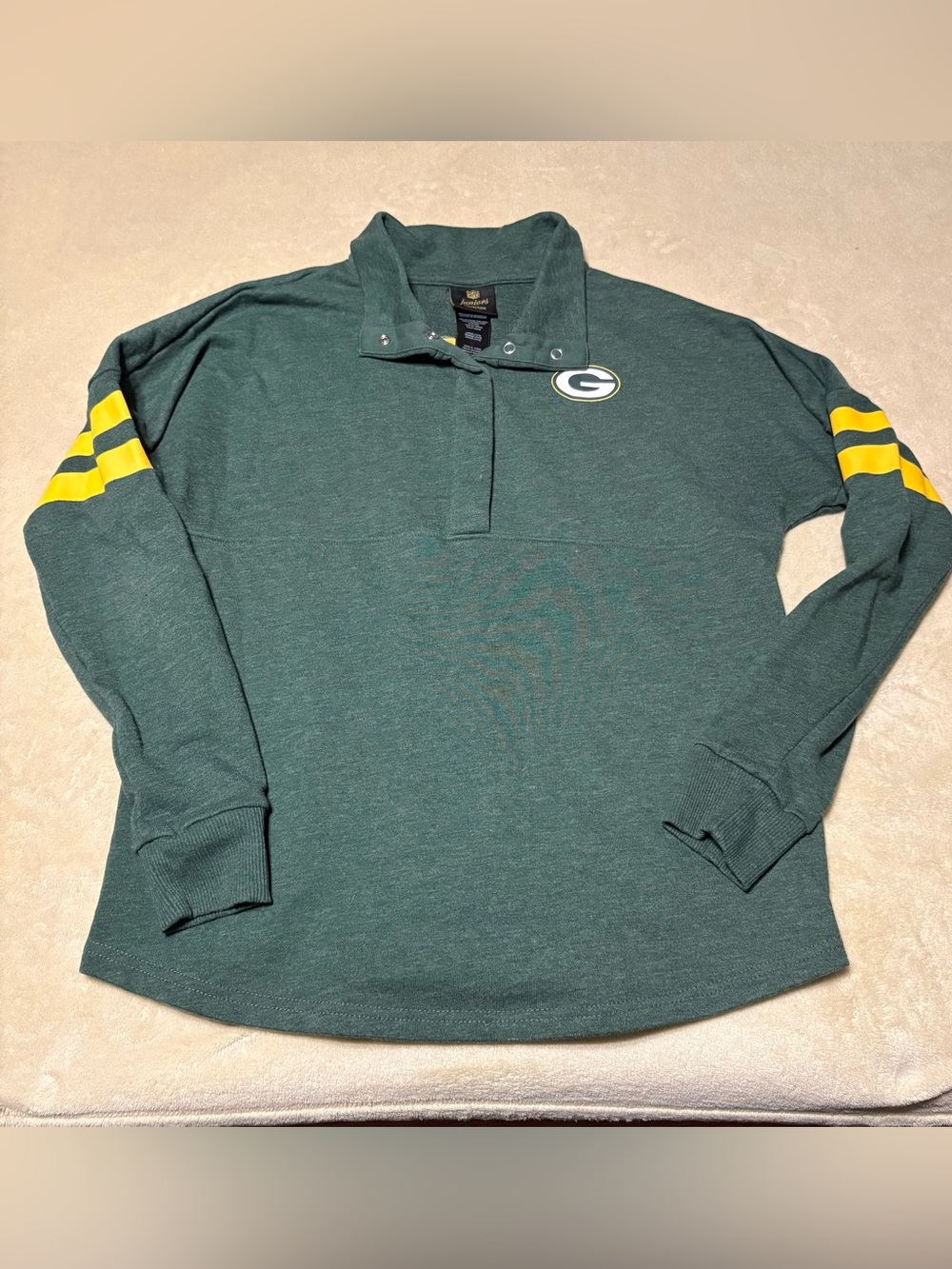 NFL Green Snap-Button Pullover with Yellow Sleeve Stripes and Packers spell out